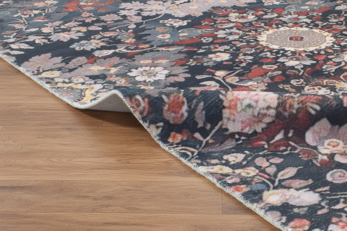 Valentina Handmade Charcoal Teal Medallion Area Rug – Transitional Artisanal Oushak Style