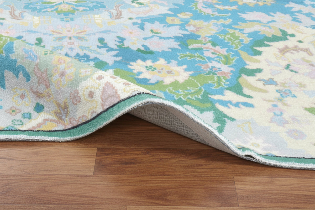 Valentina Handmade Aqua Blue Medallion Area Rug – Transitional Artisanal Oushak Style
