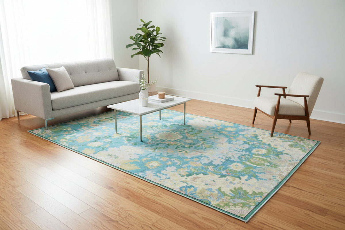 Valentina Handmade Aqua Blue Medallion Area Rug – Transitional Artisanal Oushak Style