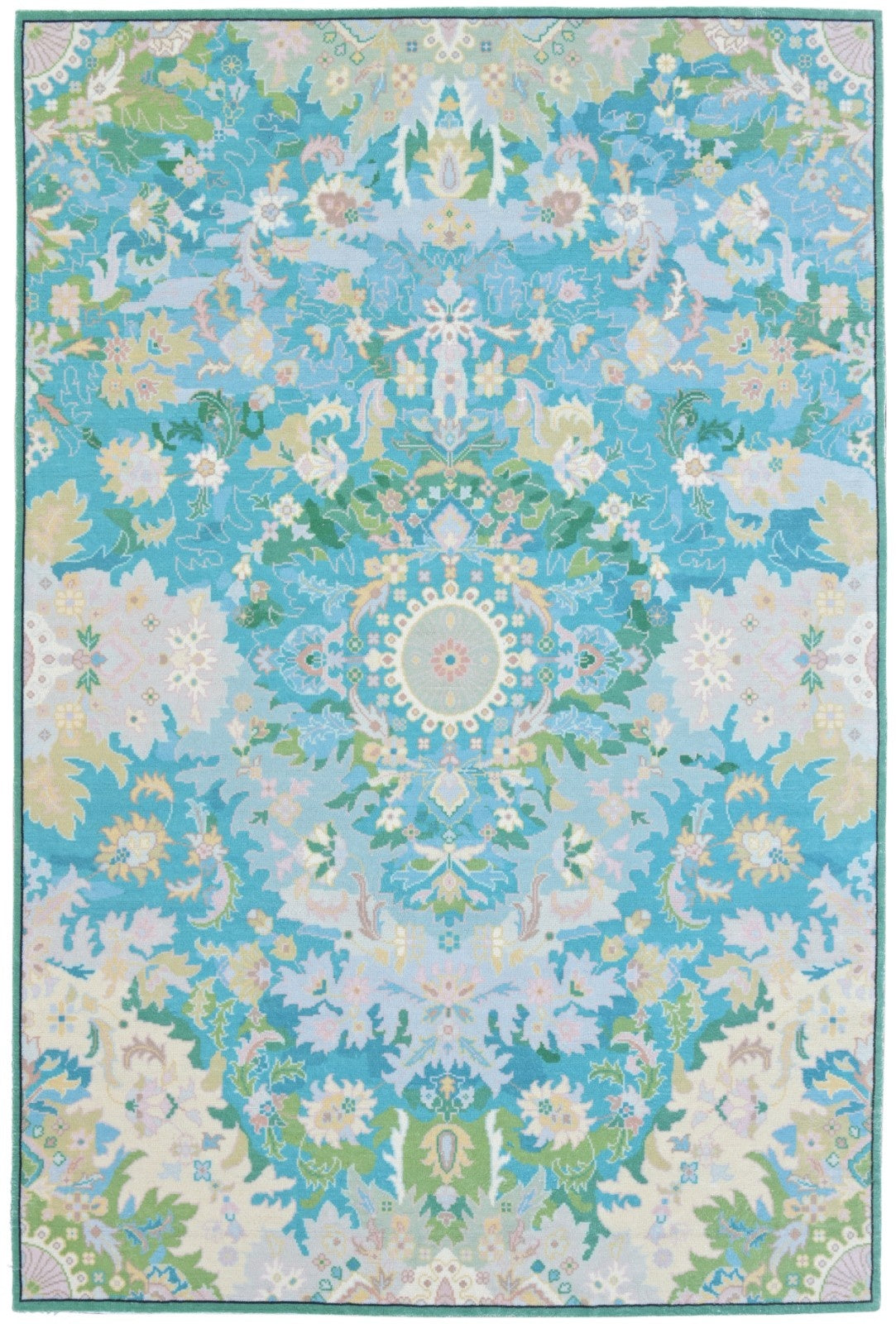 Valentina Handmade Aqua Blue Medallion Area Rug – Transitional Artisanal Oushak Style