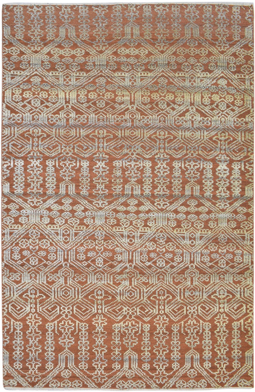 6X9 Rug Wool Silk Rust Transitional Hand Knotted Indian Floral Room Size Carpet 