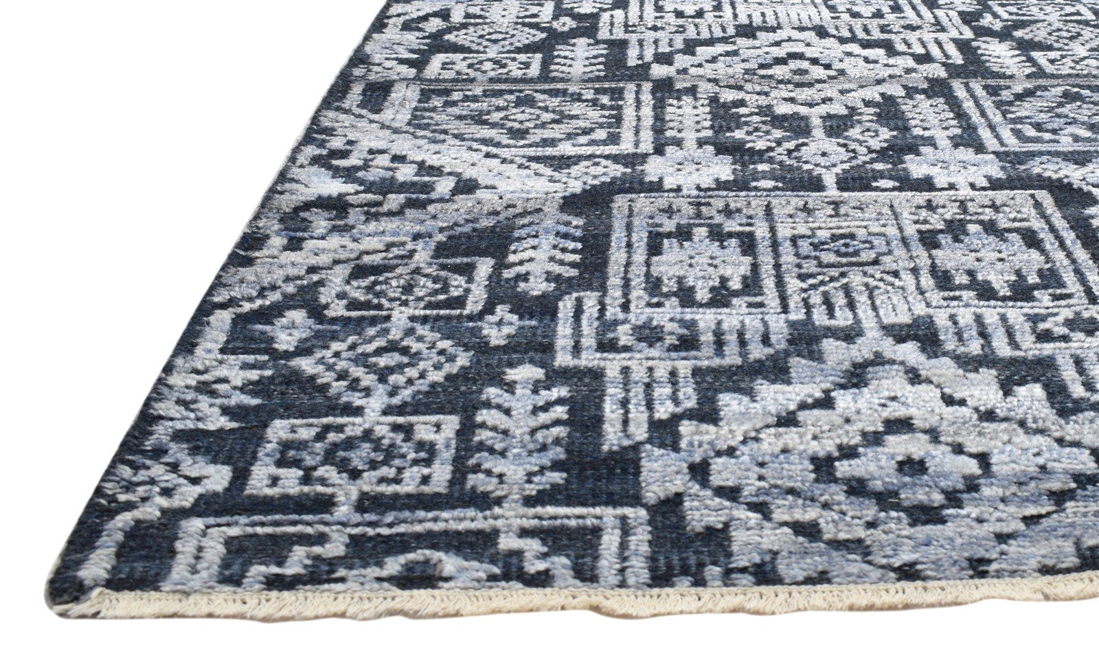 Hand Knotted Black Wool Silk Rug 6X9 Modern Scandinavian Trellis Room Size 