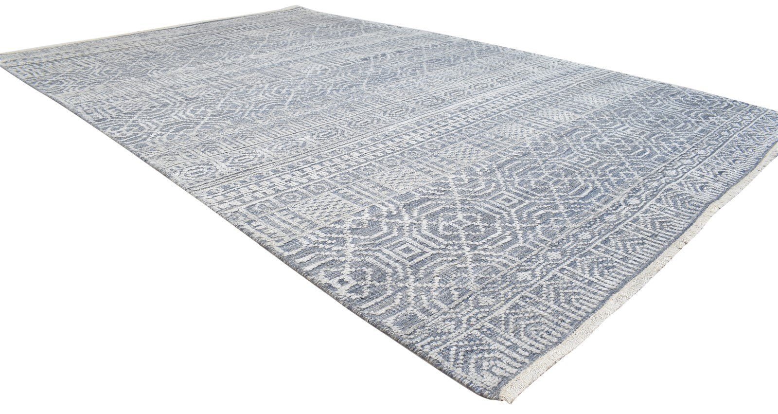 Grey Wool Silk Rug 6X9 Modern Hand Knotted Scandinavian Trellis Room Size 