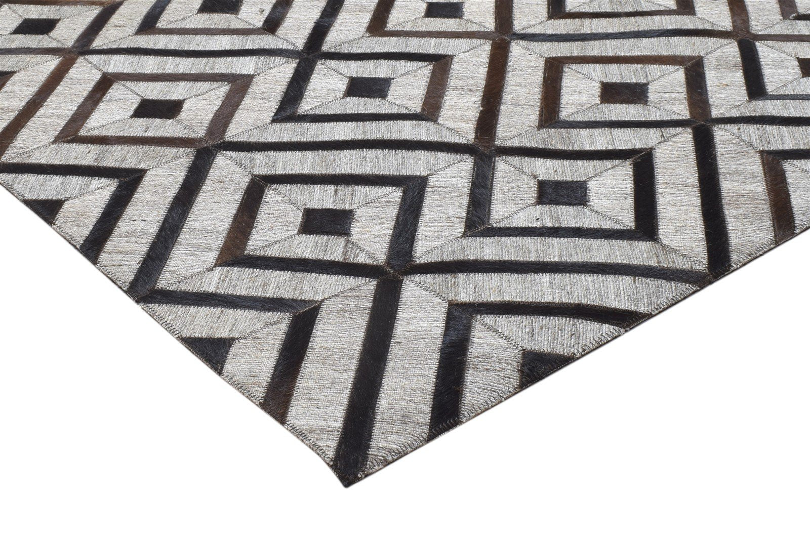 Leather / Cotton Grey Rug 5X8 Modern Hand Woven Scandinavian Geometric Room Size 