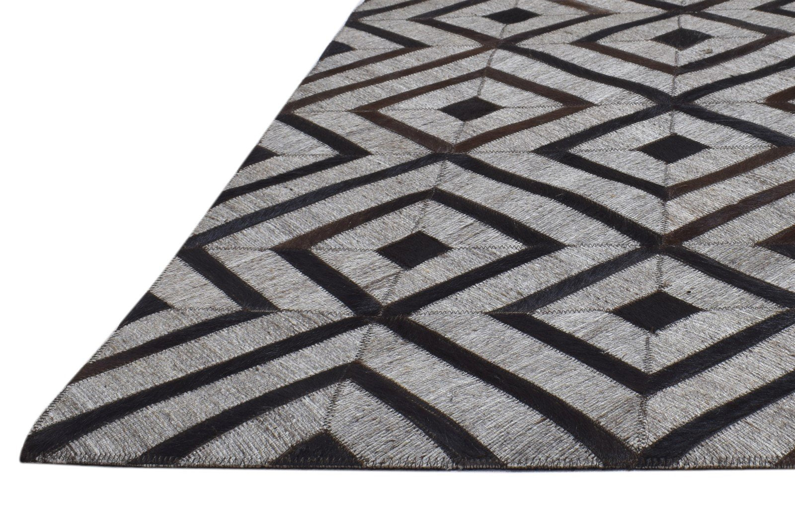 Leather / Cotton Grey Rug 5X8 Modern Hand Woven Scandinavian Geometric Room Size 