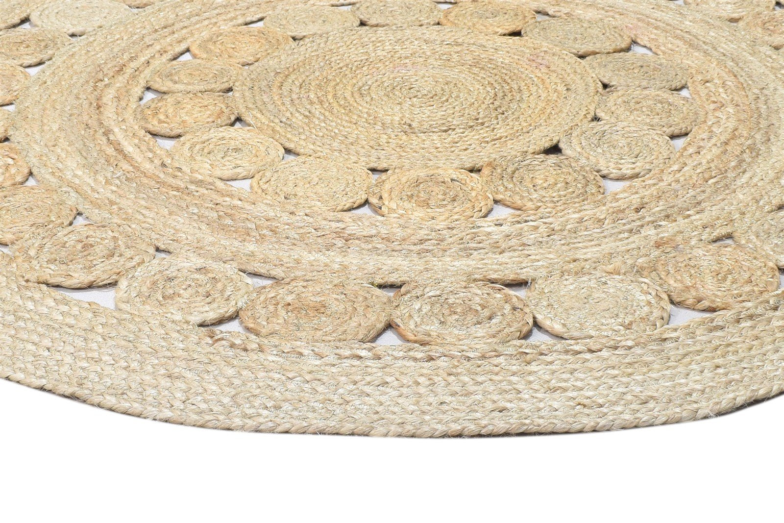 Beige Jute Rug 4' X 4' Modern Hand Woven Scandinavian Circles Room Size Round 