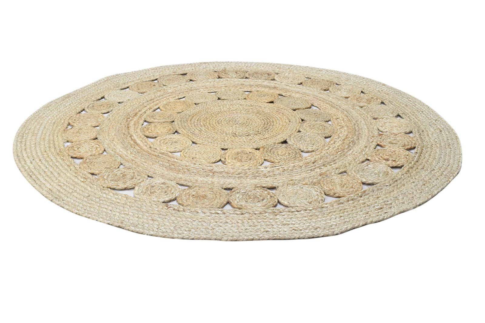 Beige Jute Rug 4' X 4' Modern Hand Woven Scandinavian Circles Room Size Round 