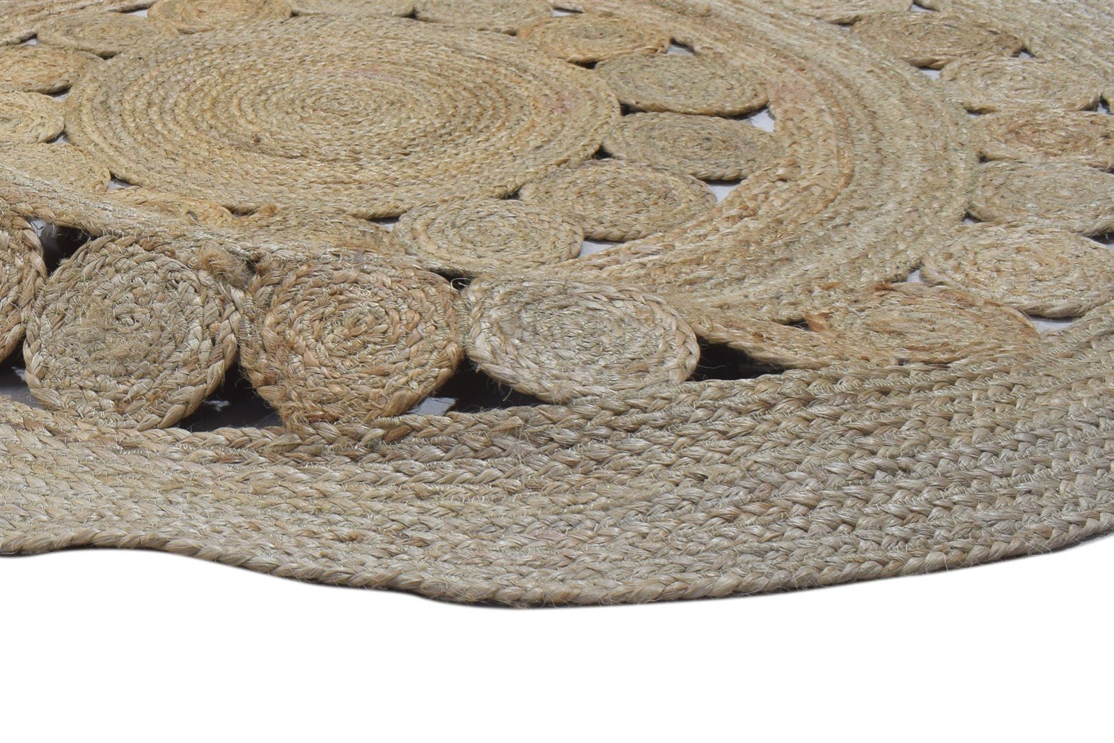 Beige Jute Rug 4' X 4' Modern Hand Woven Scandinavian Circles Room Size Round 