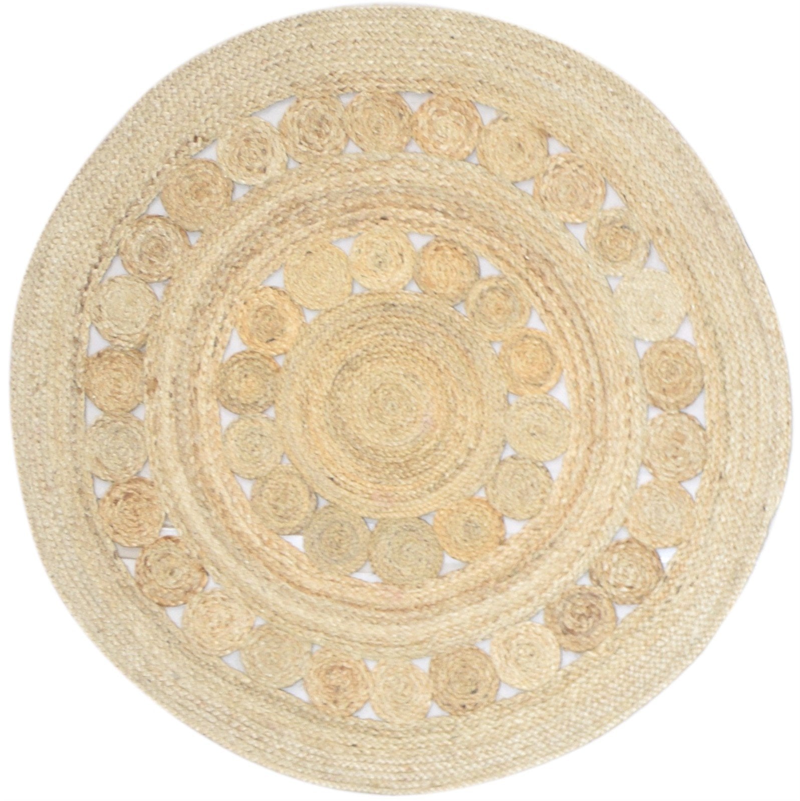 Beige Jute Rug 4' X 4' Modern Hand Woven Scandinavian Circles Room Size Round 