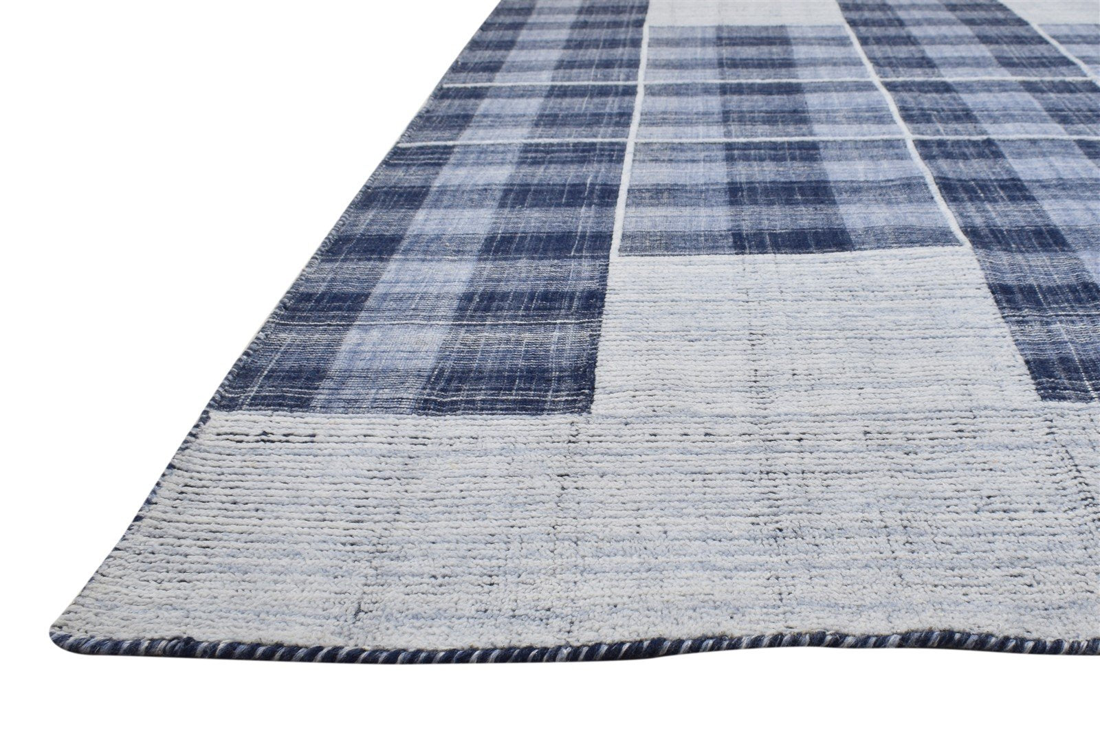 Blue Pet Yarn Rug 5' X 7' Modern Handloom Scandinavian Plaids Room Size Carpet 