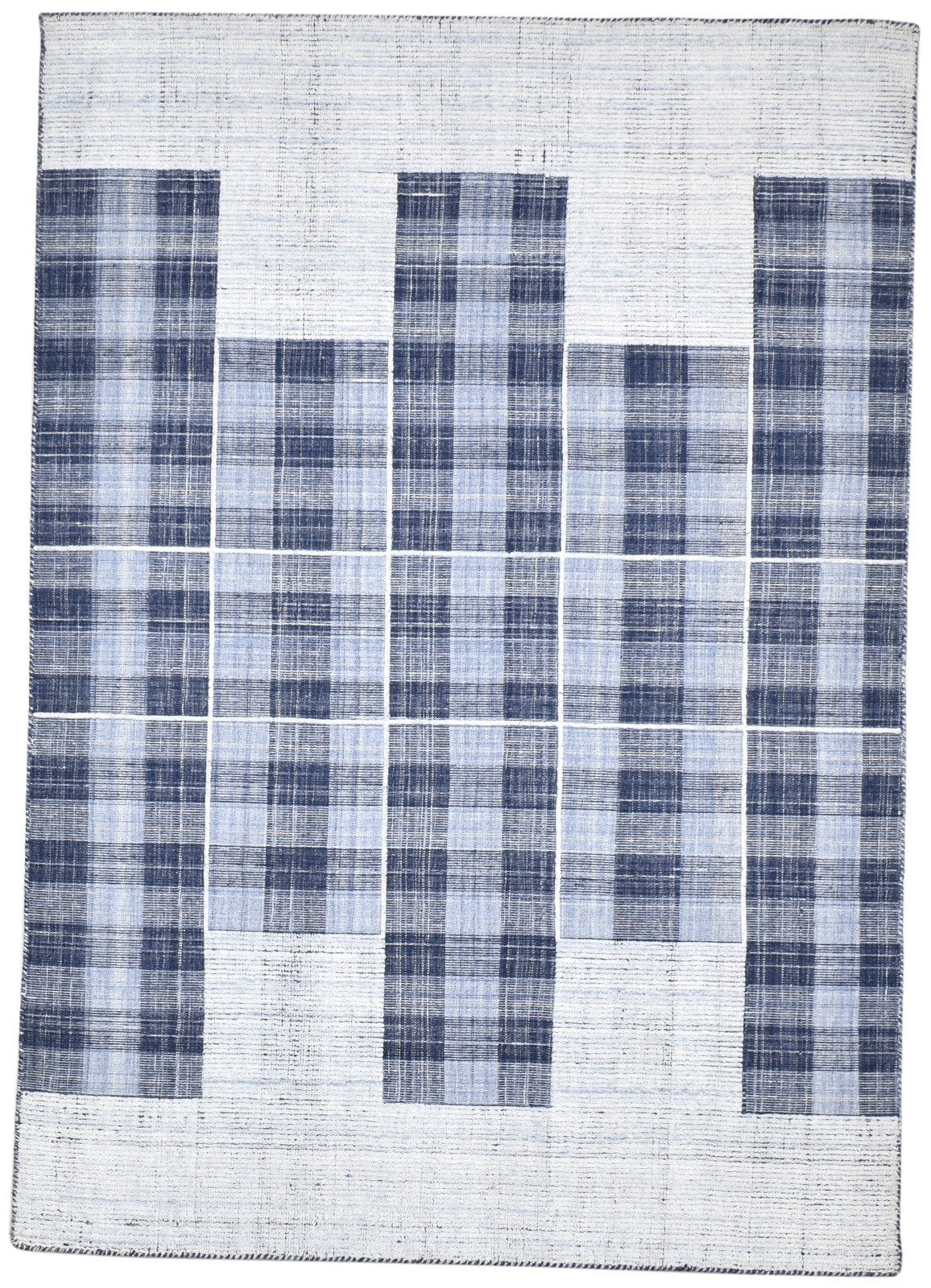 Blue Pet Yarn Rug 5' X 7' Modern Handloom Scandinavian Plaids Room Size Carpet 