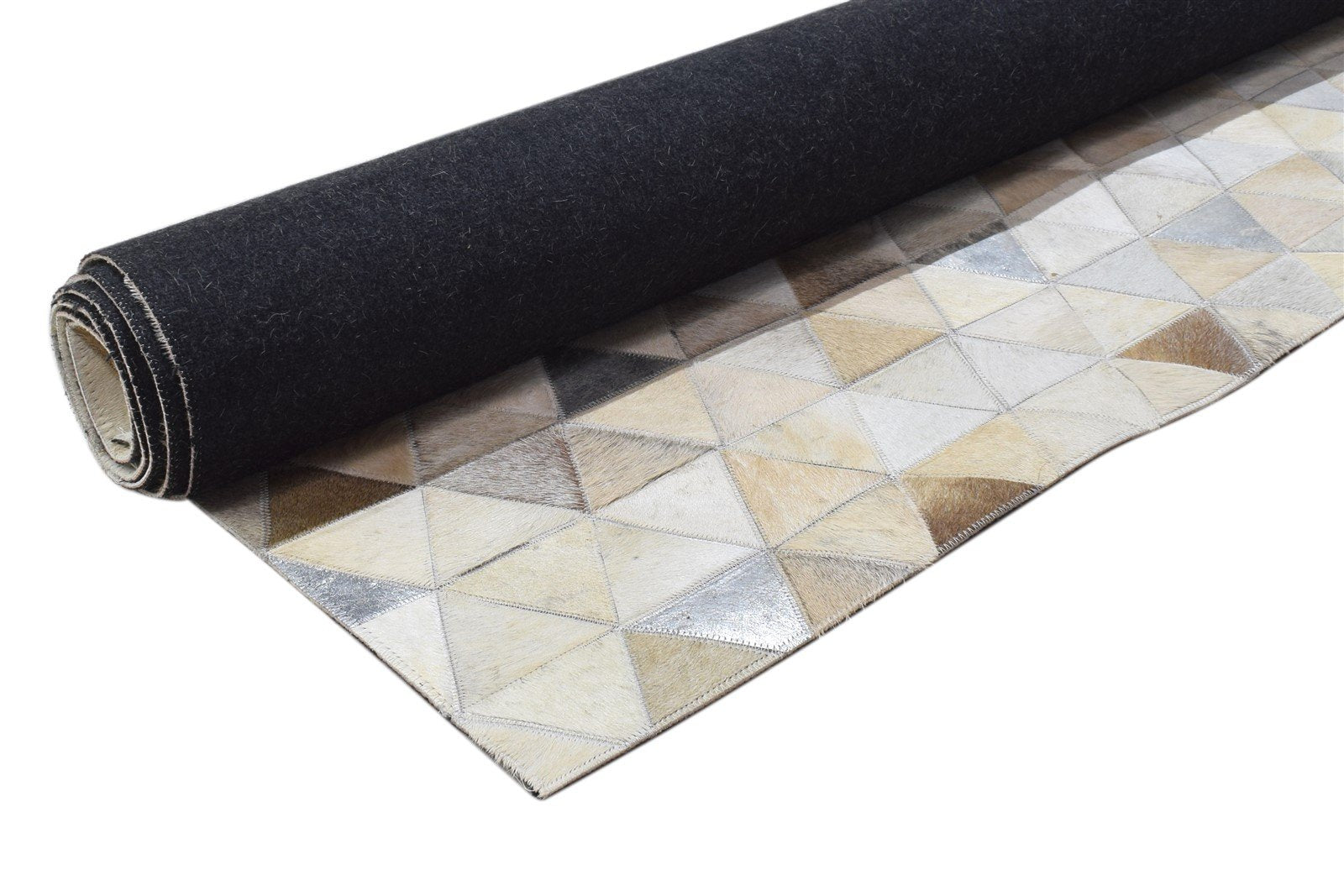 Hand Woven Beige Leather Rug 5X8 Modern Scandinavian Triangles Room Size Carpet 