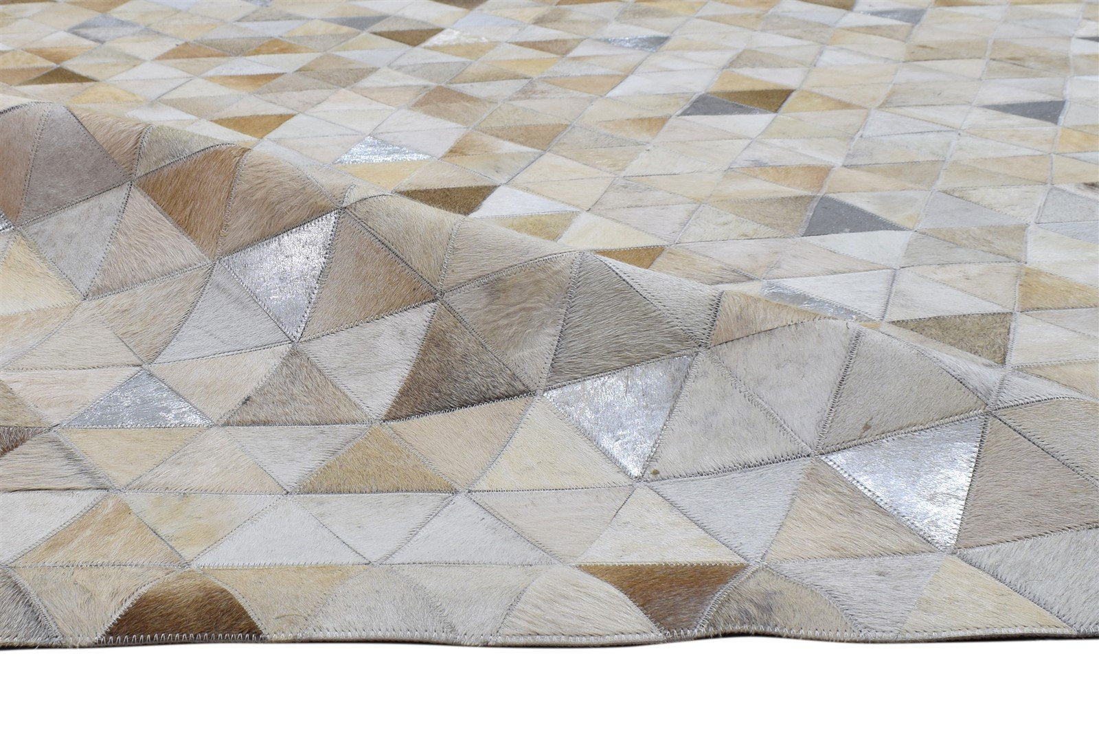 Hand Woven Beige Leather Rug 5X8 Modern Scandinavian Triangles Room Size Carpet 