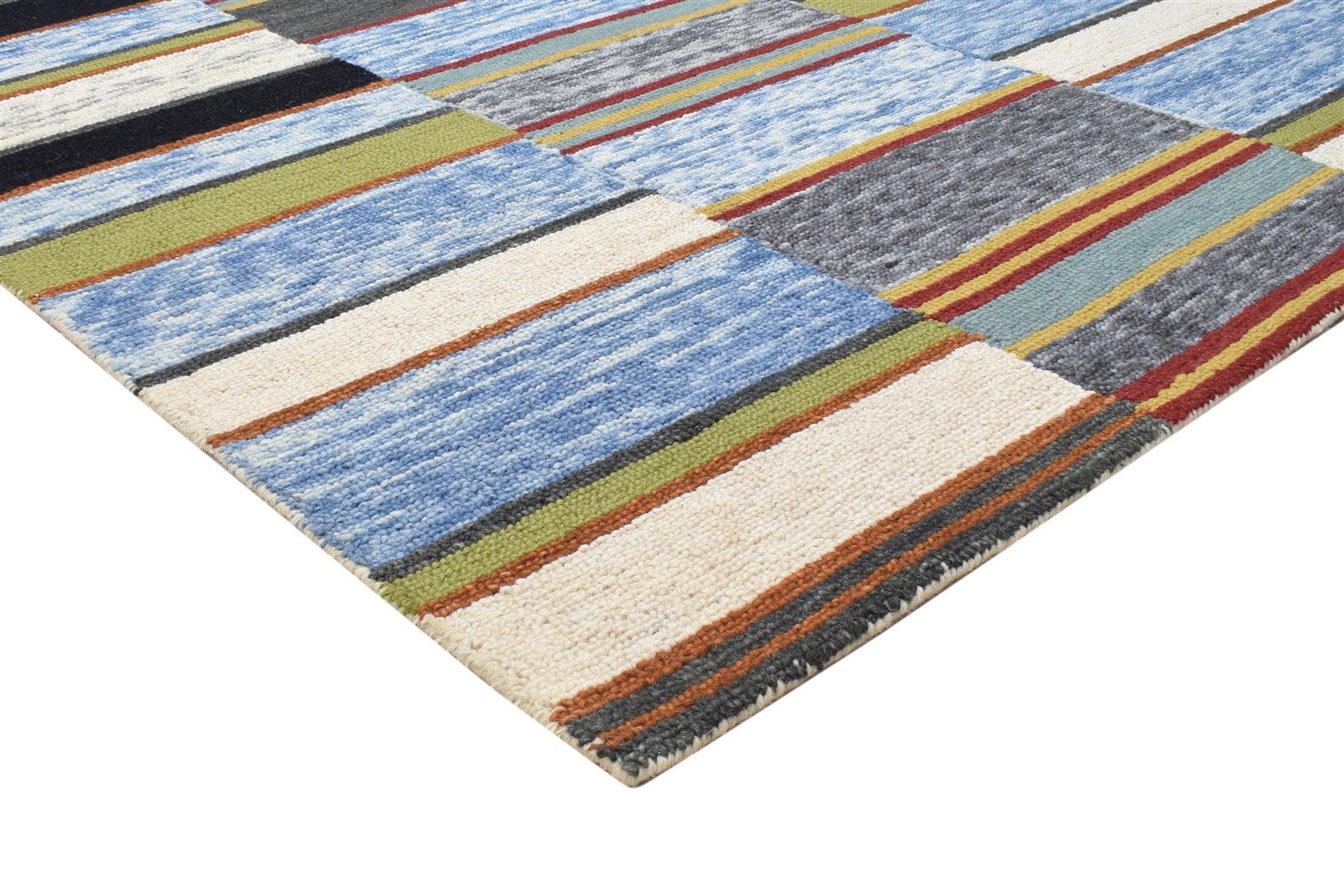 Hand Tufted Blue Wool Rug 5' X 8' Modern Bohemian Striped Room Size Carpet 