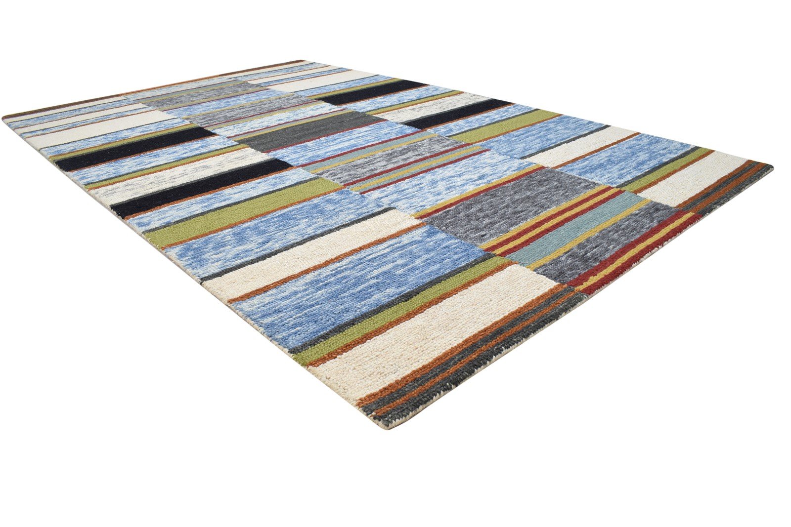 Hand Tufted Blue Wool Rug 5' X 8' Modern Bohemian Striped Room Size Carpet 