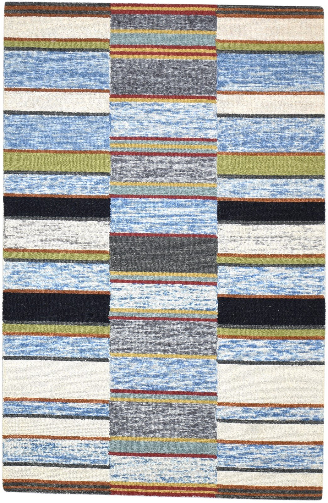 Hand Tufted Blue Wool Rug 5' X 8' Modern Bohemian Striped Room Size Carpet 