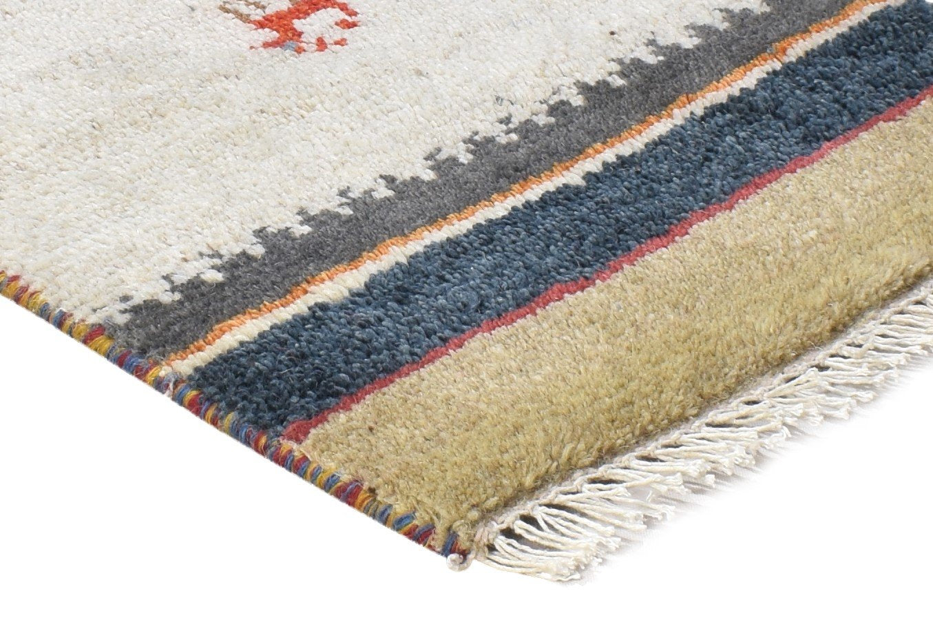 Cream Wool Rug 1' X 2' Tribal Hand Knotted Gabbeh Southwestern Small Carpet 