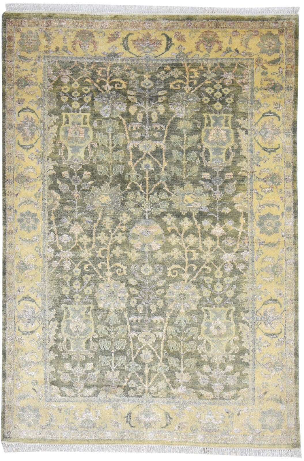 5X8 Rug Wool Olive Persian Hand Knotted Sarouk-Indian Oriental Room Size Carpet 