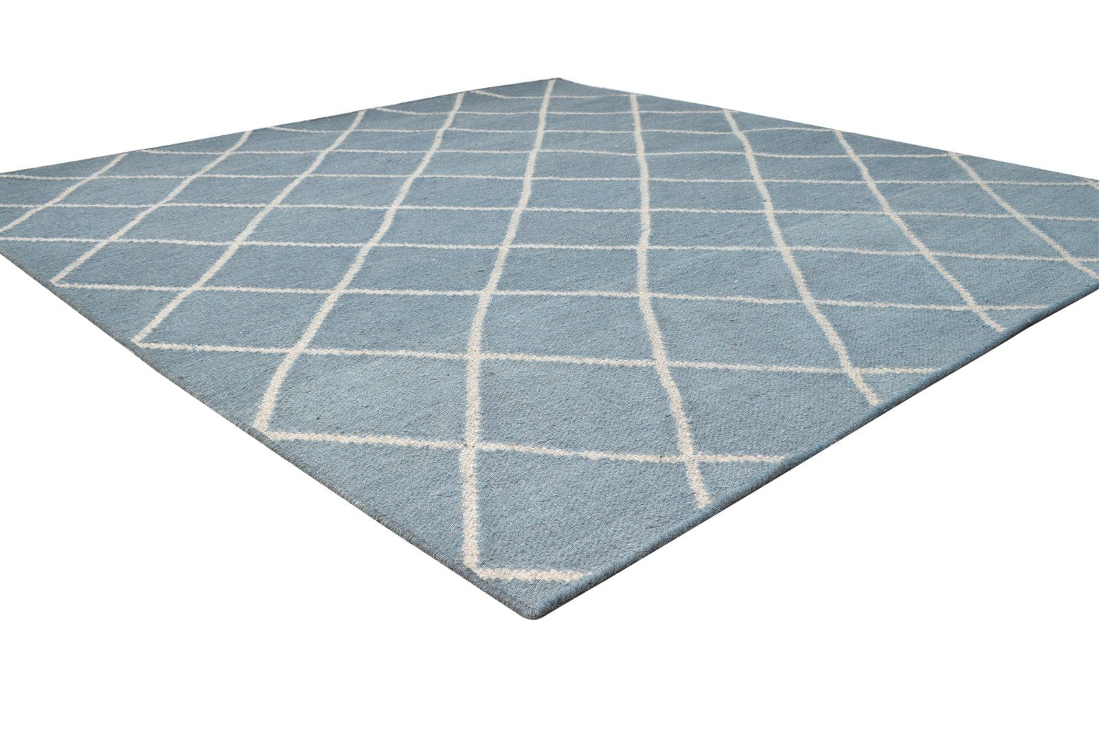 Blue Wool Rug 6' X 7' Modern Dhurrie Moroccan Diamond Large Carpet 