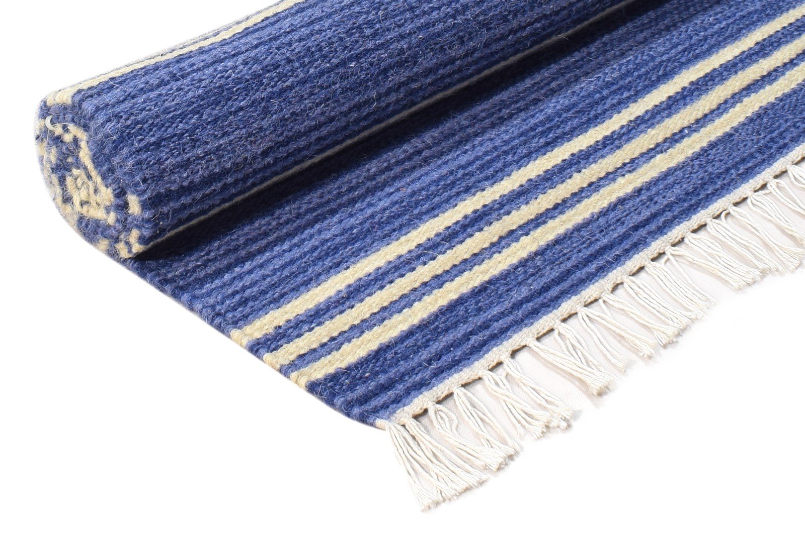 Blue Wool Rug 4' X 6' Modern Dhurrie Bohemian Striped Room Size Carpet 