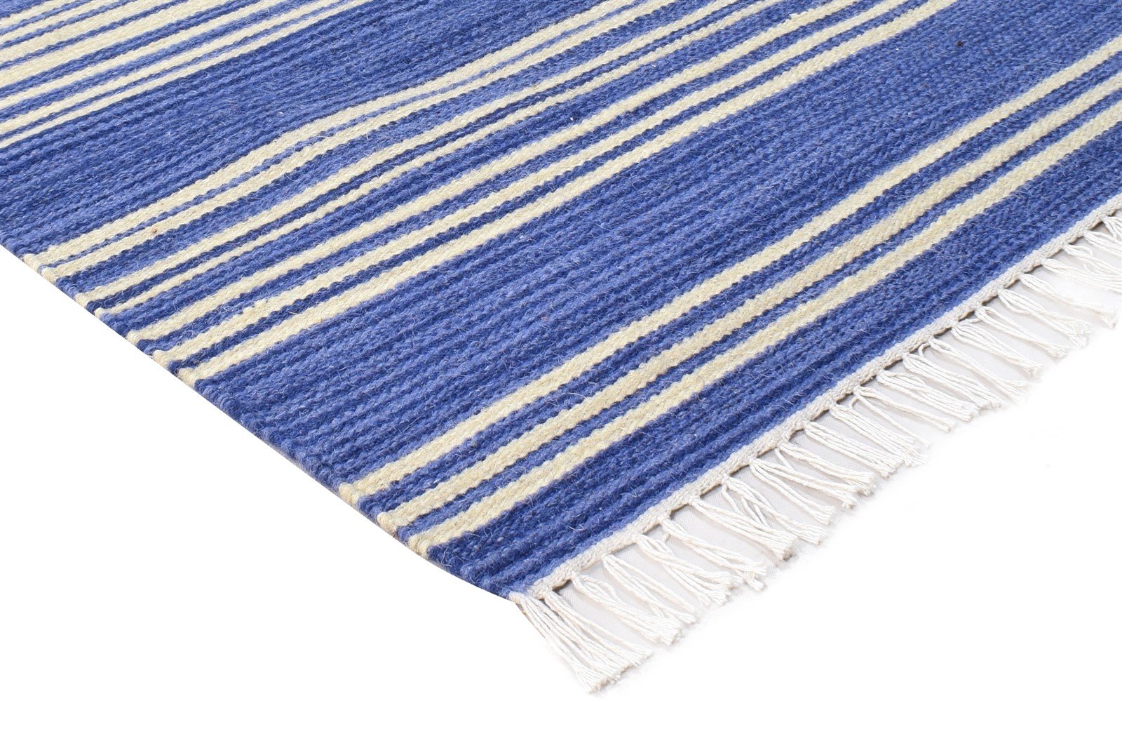 Blue Wool Rug 4' X 6' Modern Dhurrie Bohemian Striped Room Size Carpet 