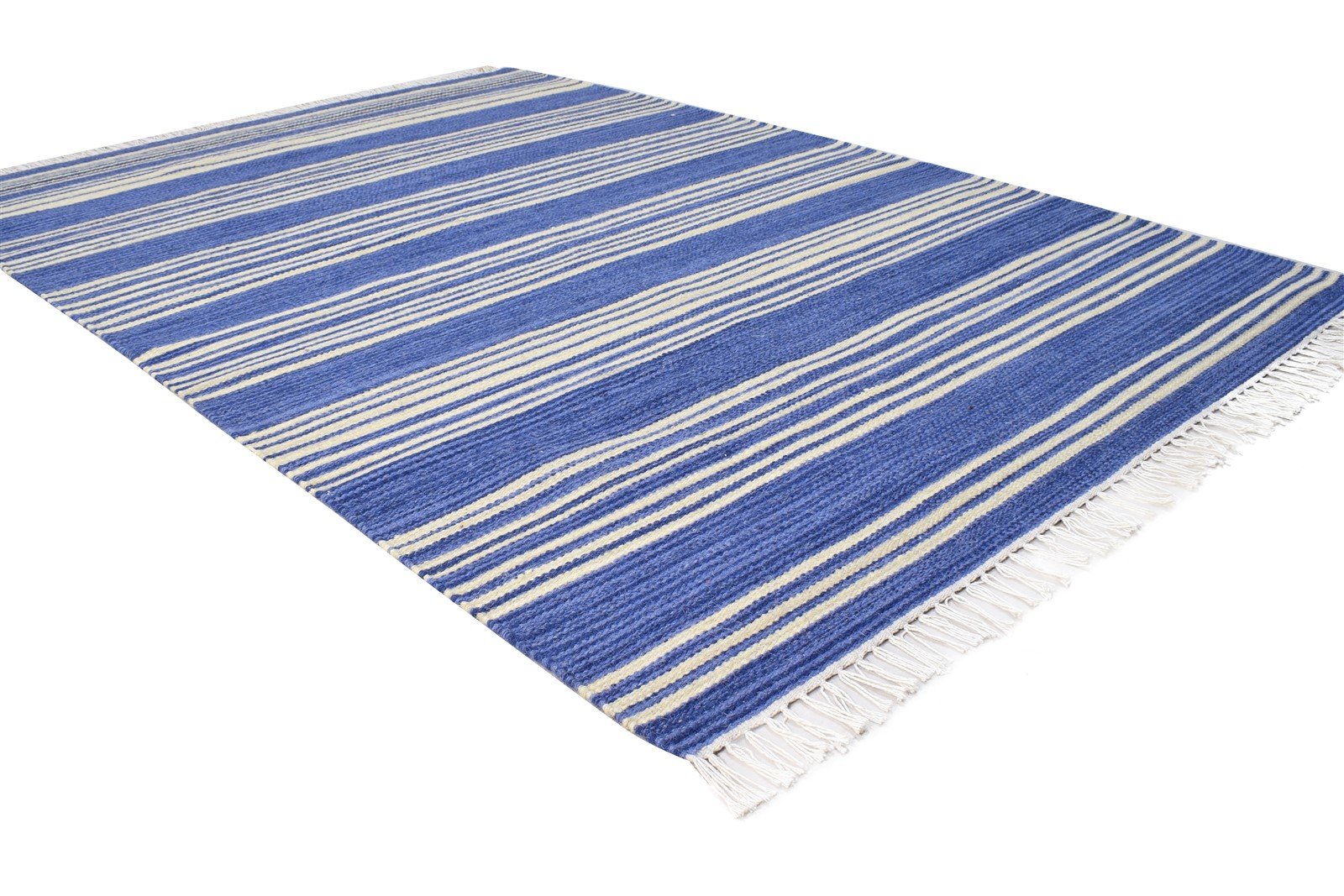 Blue Wool Rug 4' X 6' Modern Dhurrie Bohemian Striped Room Size Carpet 