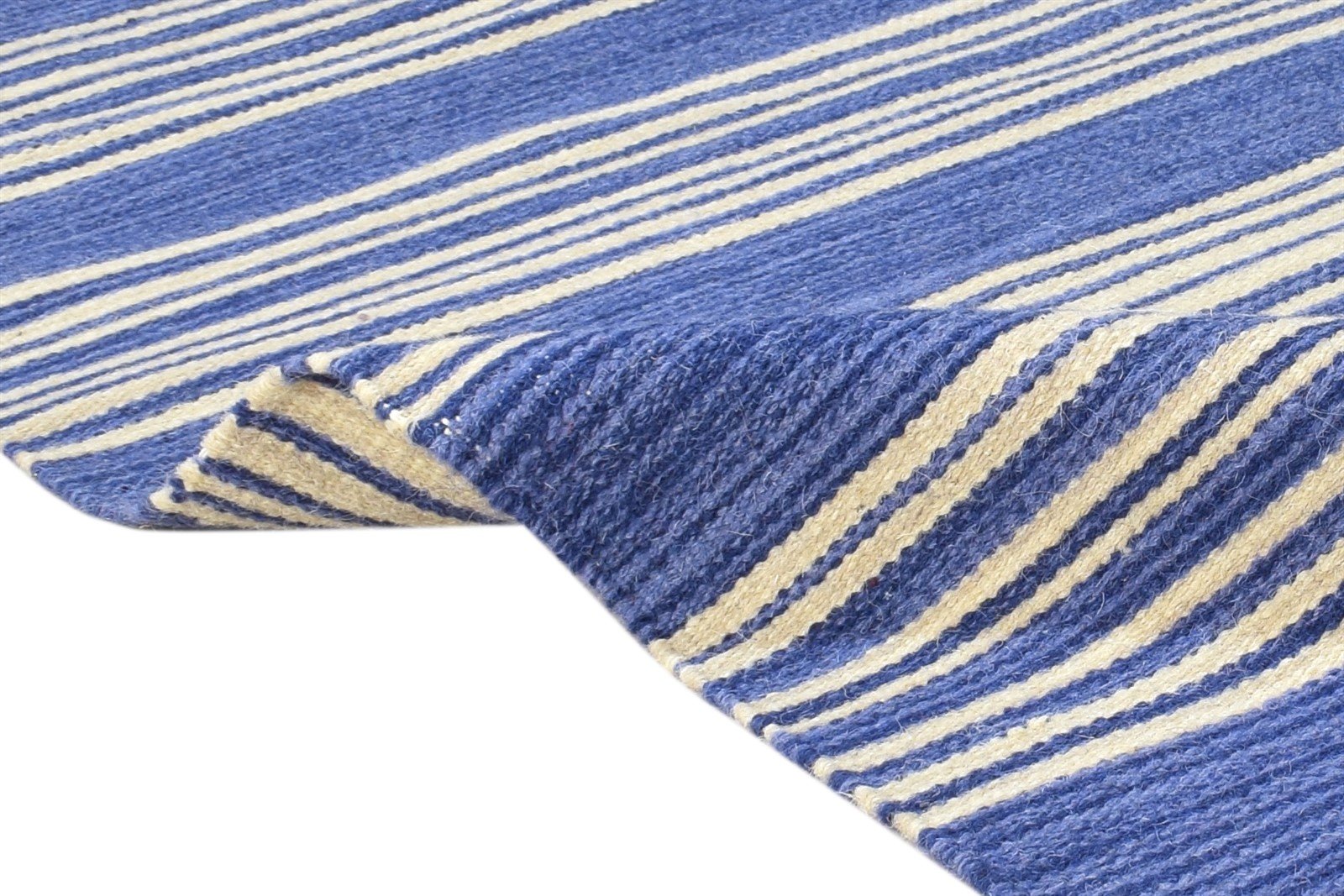 Blue Wool Rug 4' X 6' Modern Dhurrie Bohemian Striped Room Size Carpet 