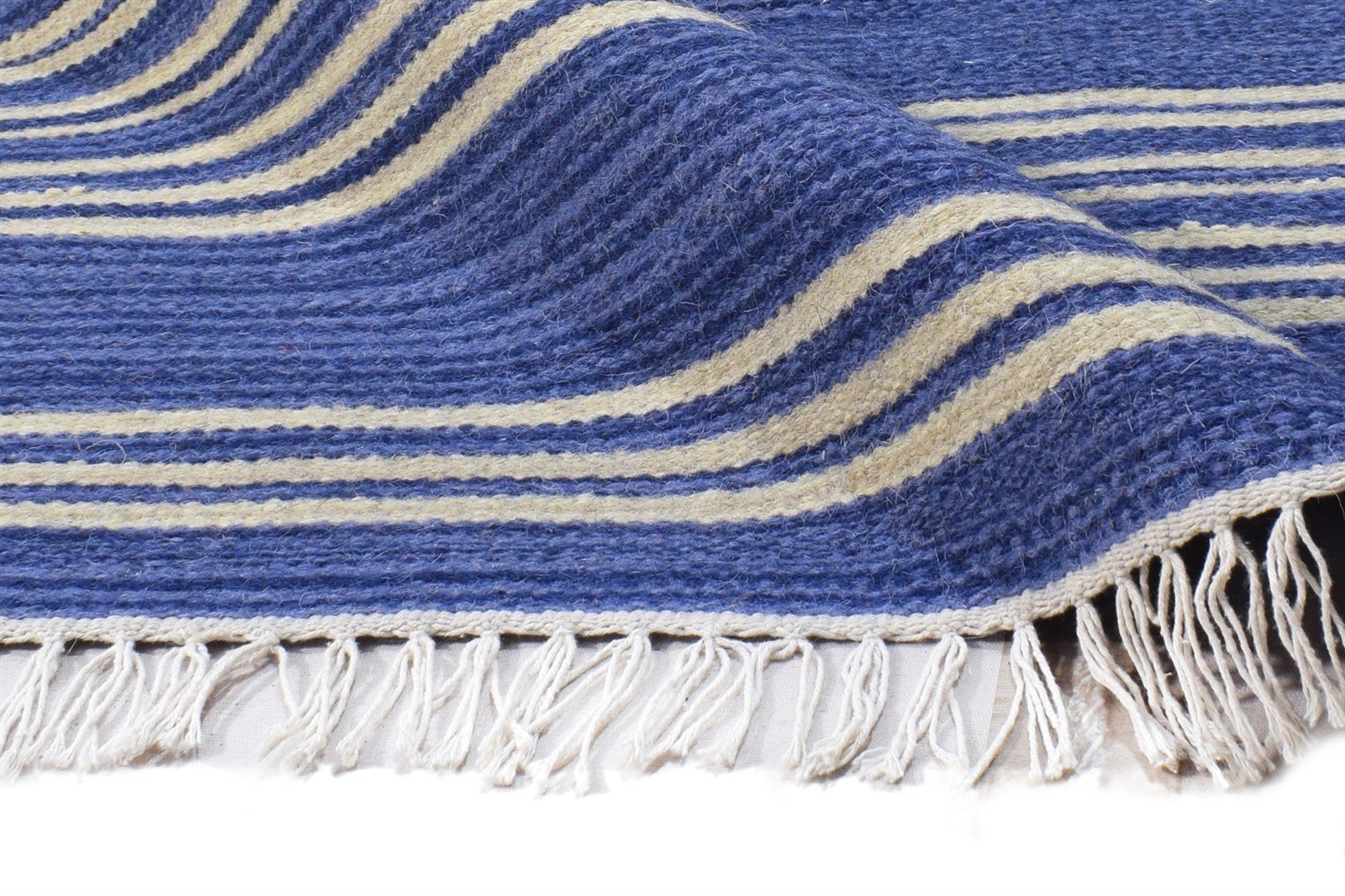 Blue Wool Rug 4' X 6' Modern Dhurrie Bohemian Striped Room Size Carpet 