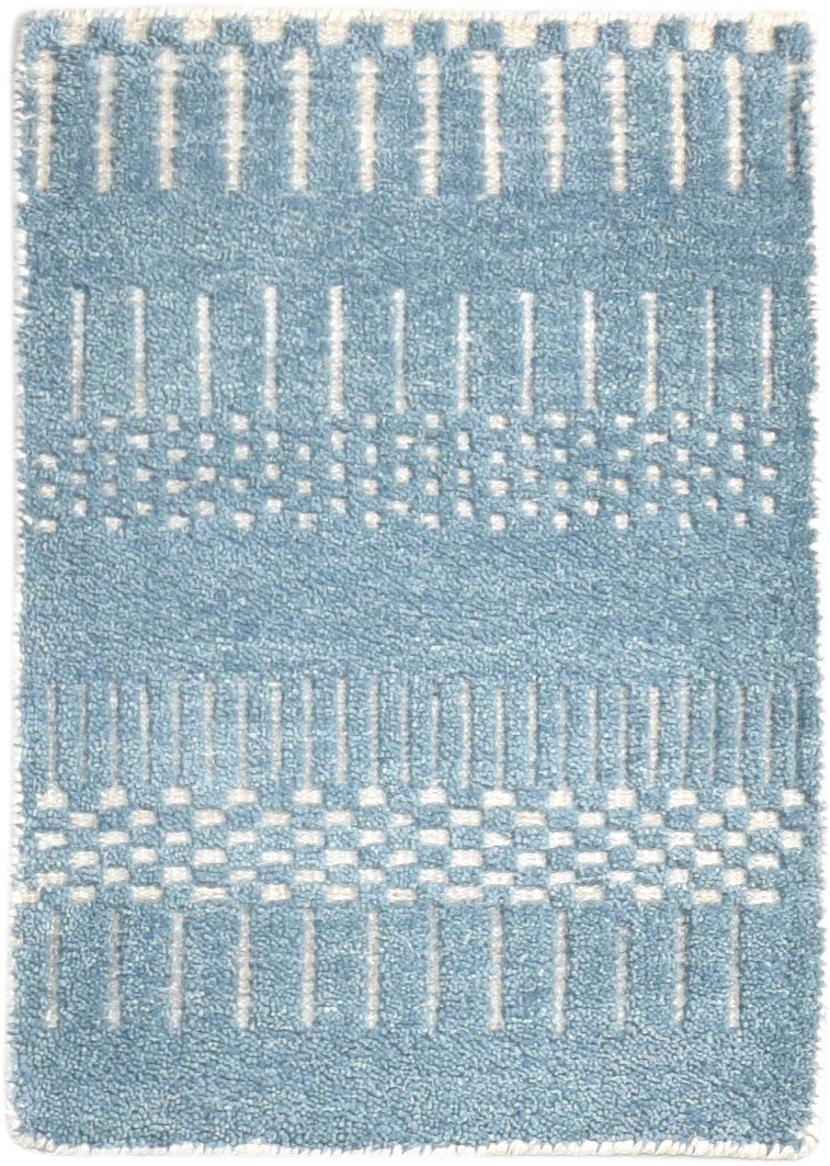 Blue Wool Rug 2' X 3' Modern Hand Knotted Scandinavian Abstract Small Carpet 