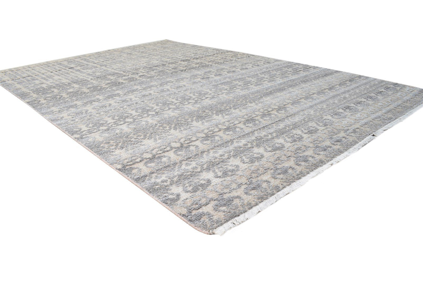 Beige Wool Silk Rug 6X9 Modern Hand Knotted Scandinavian Trellis Room Size 