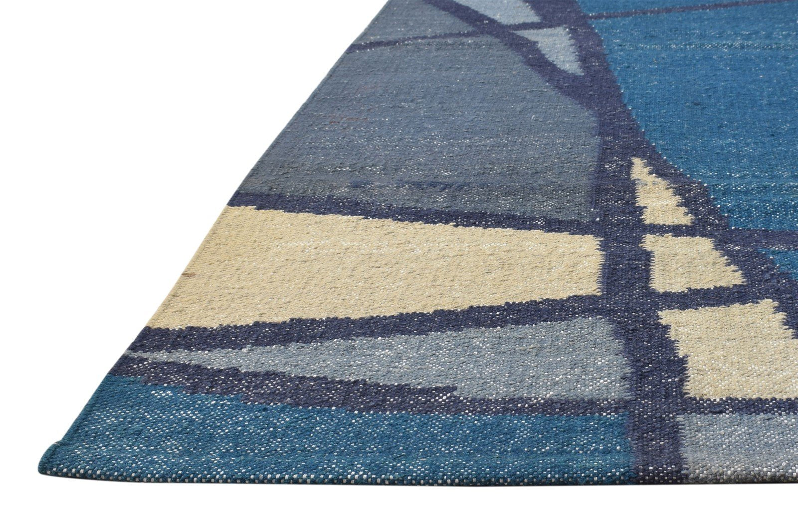 Wool Blue Rug 3' X 7' Modern Dhurrie American Abstract Small Runner 