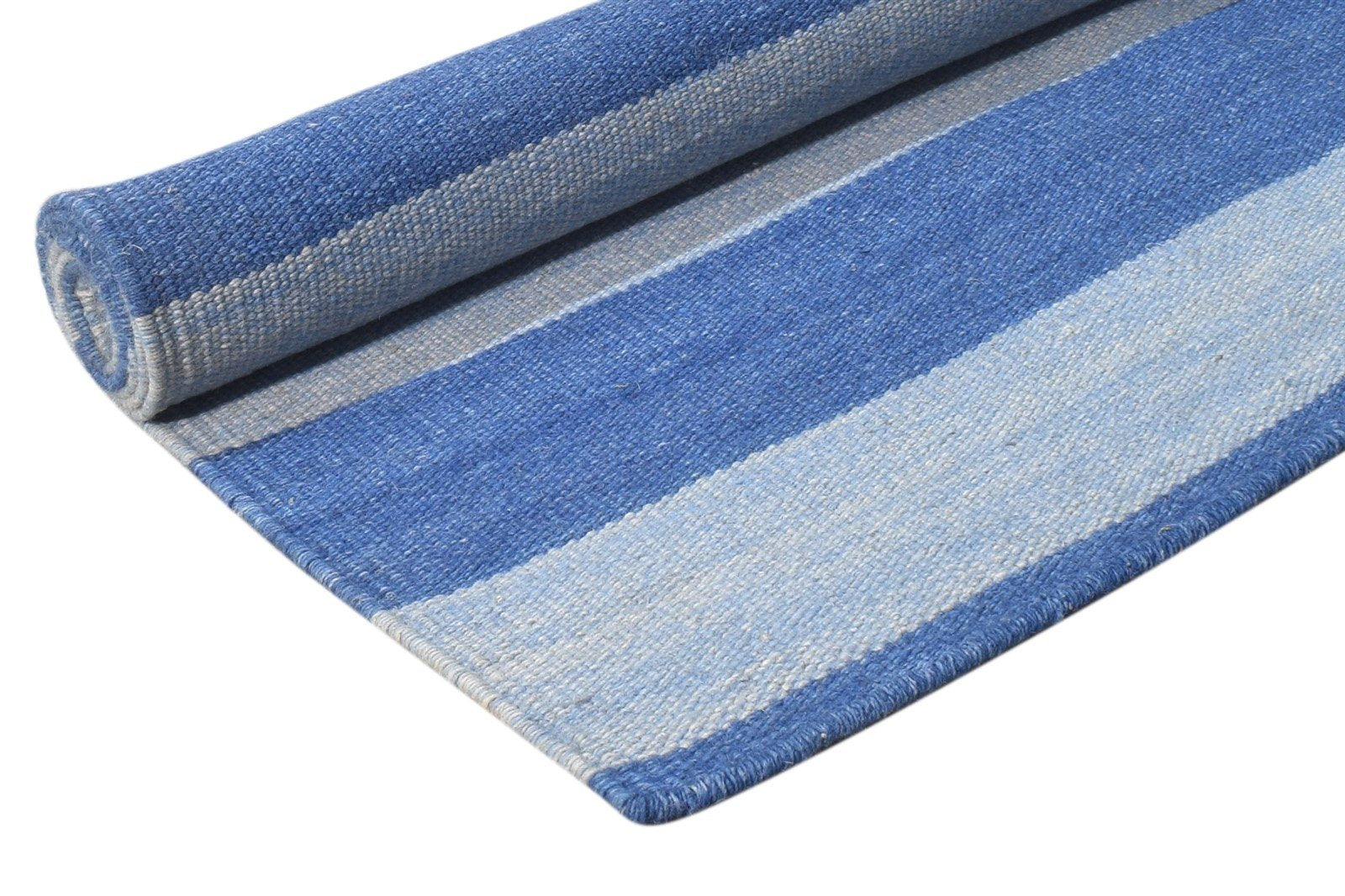 Dhurrie Blue Wool Rug 3' X 5' Modern Scandinavian Striped Small Carpet 