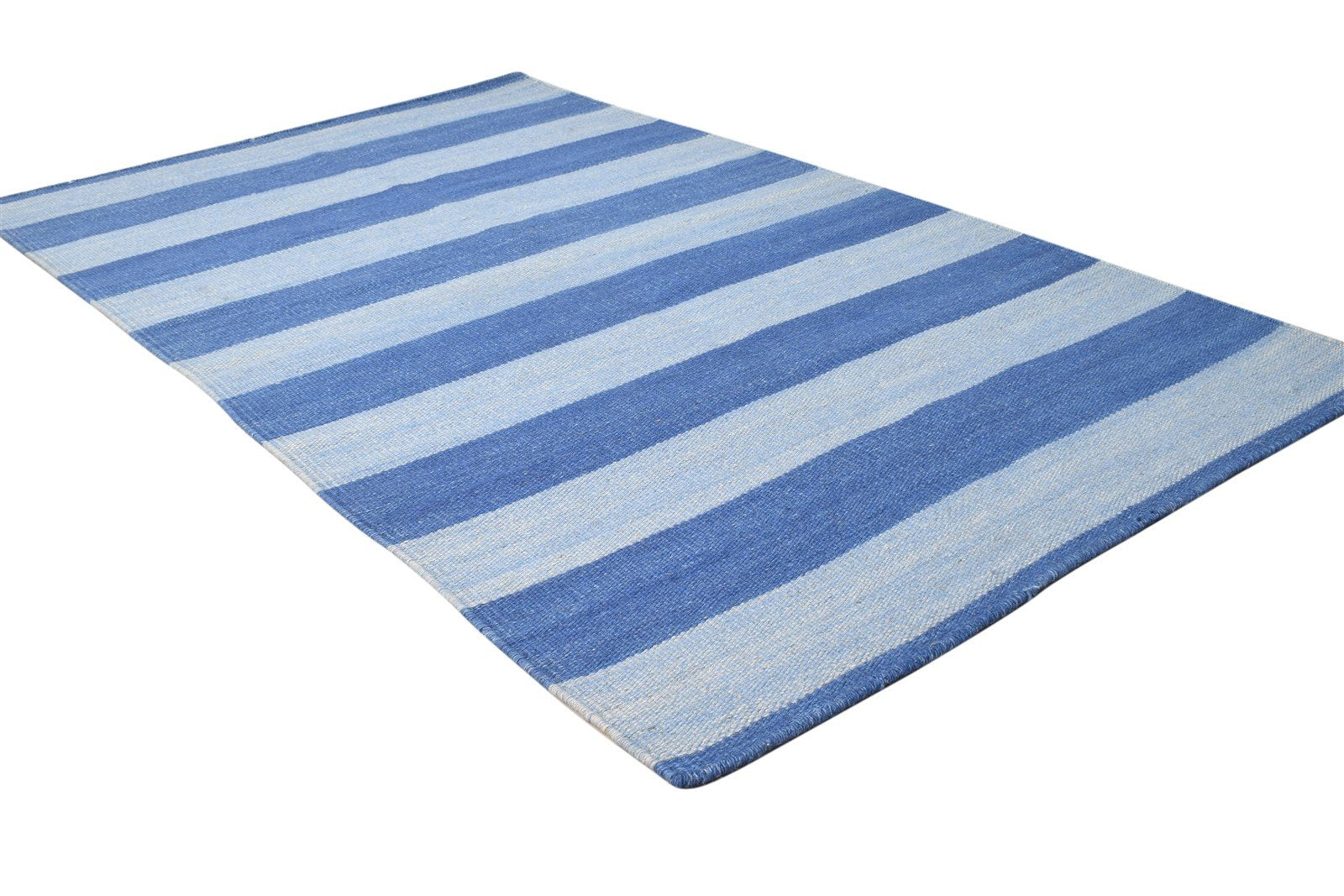 Dhurrie Blue Wool Rug 3' X 5' Modern Scandinavian Striped Small Carpet 