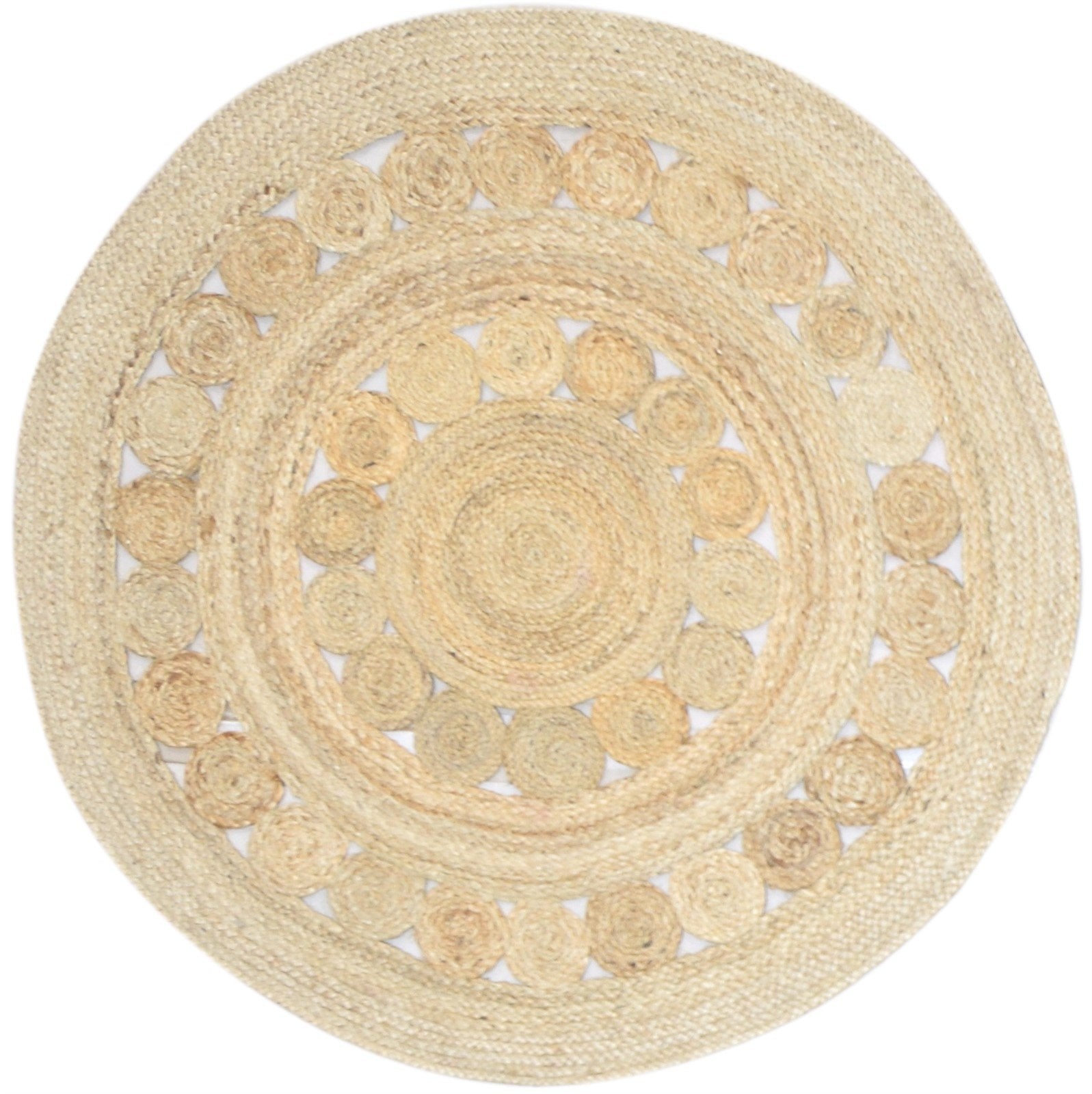 Beige Jute Rug 4' X 4' Modern Hand Woven Scandinavian Circles Room Size Round   7864132796565