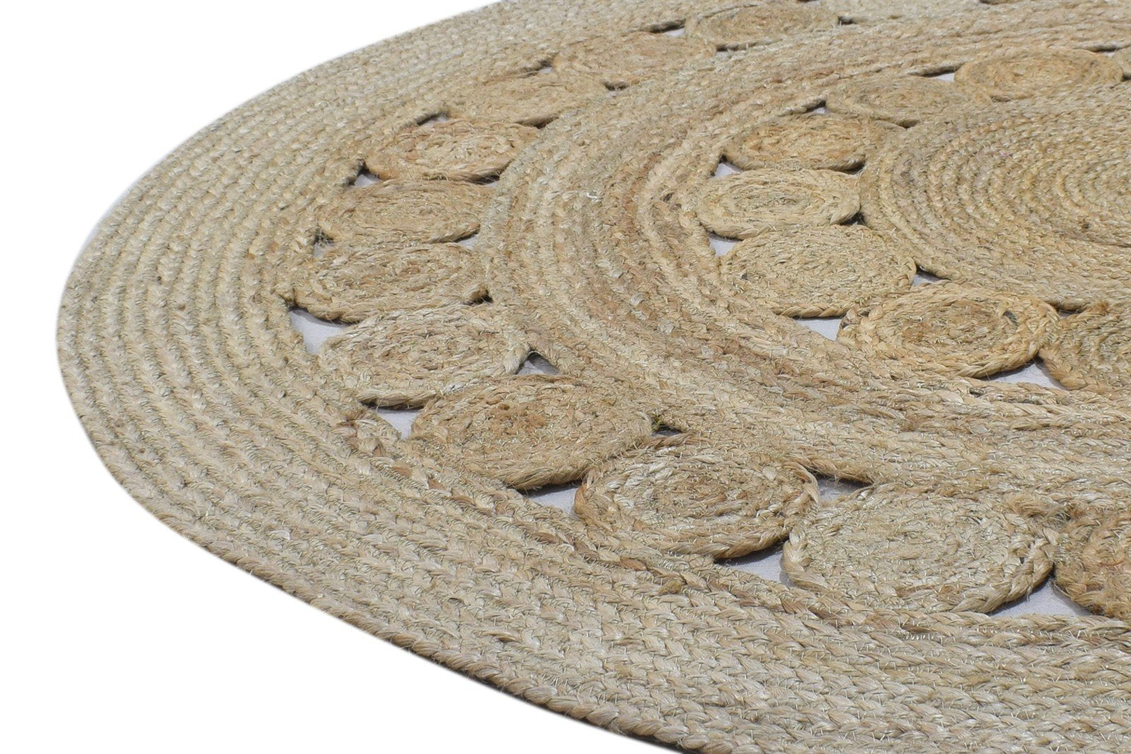 Beige Jute Rug 4' X 4' Modern Hand Woven Scandinavian Circles Room Size Round   7864132796565